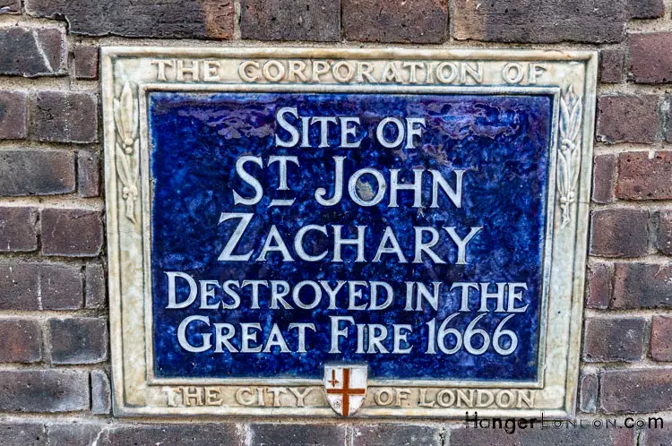 Plaque Blue Corporation of London "Site of ST John Zachary Destroyed in the Great Fire 1666